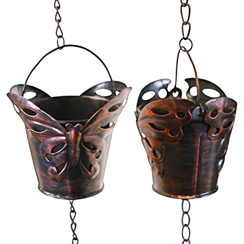 Rain Chain - 65 Inch Length Hanging Rain Catcher with Six Copper Patina ButterflyÂ Cups Soothing Waterfall Sound Alternative to Unsightly Gutter Downspouts Easy Installation